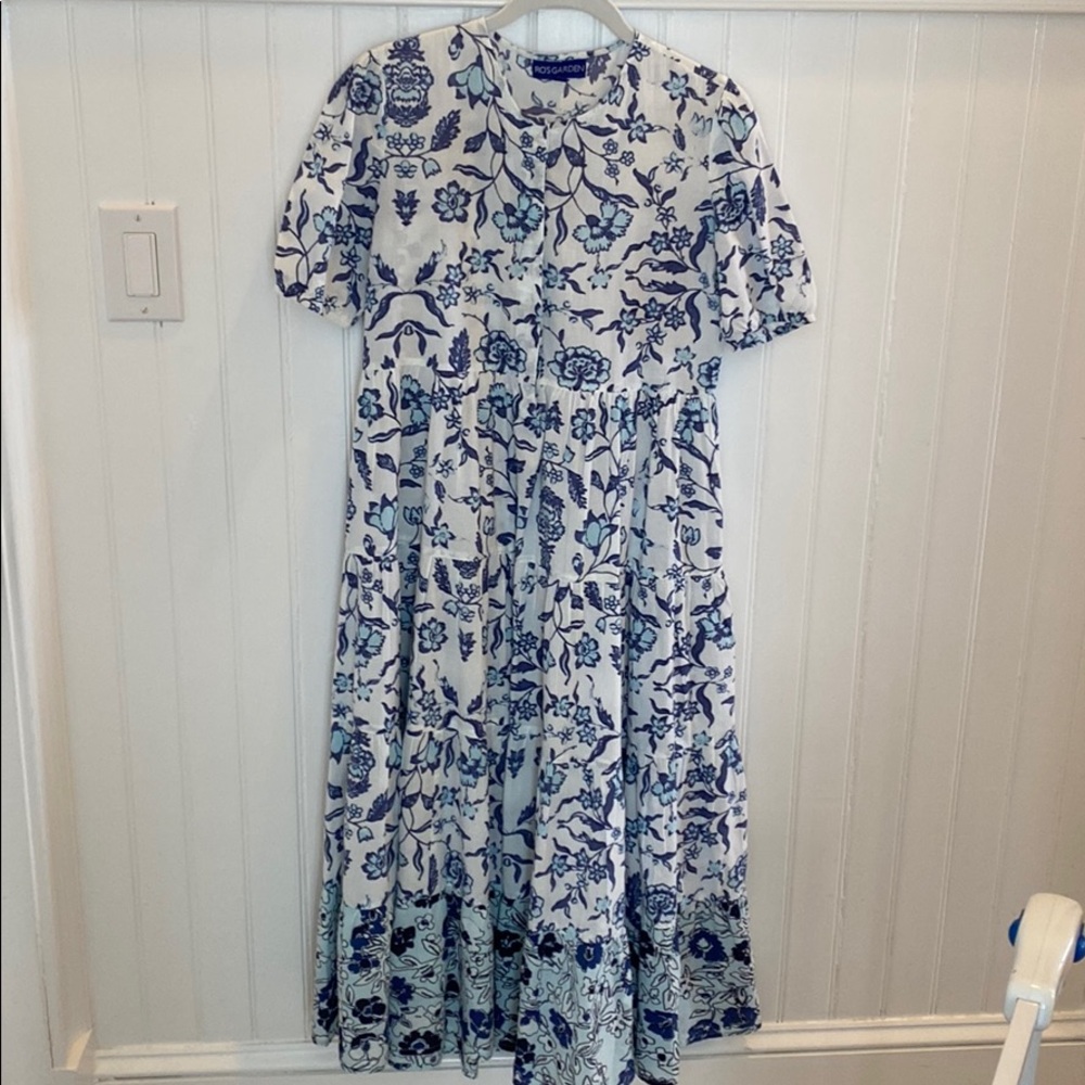 Ro’s Garden cotton White Dress with Blue flowers